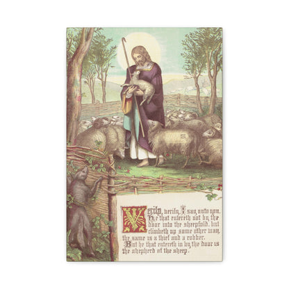 Image of Jesus Christ as the Good Shepherd in robes, holding a lamb, with a flock of sheep in a pastoral setting.