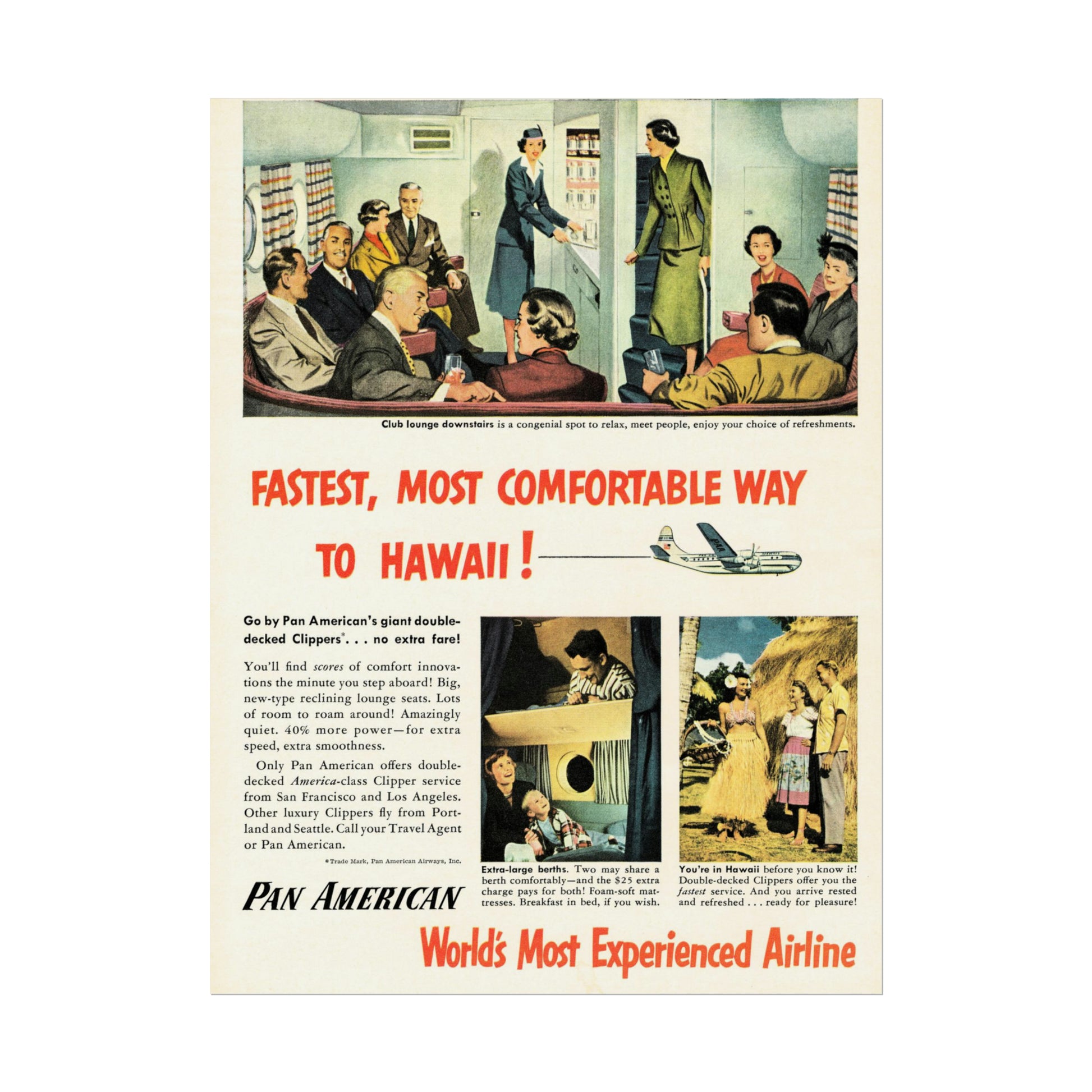 Vintage Pan American airline poster advertising flights to Hawaii, showcasing passengers in a plane's lounge and the Clipper aircraft.