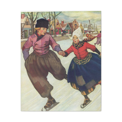 Hans and Gretel Ice Skating Canvas Print - Vintage Dutch Winter Scene Wall Art-CropsyPix