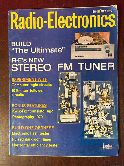 The cover sports a striking blue background highlighting the detailed components of an FM tuner. Internal pages are packed with black-and-white photographs, diagrams, and advertisements that are evocative of the era’s technological optimism.