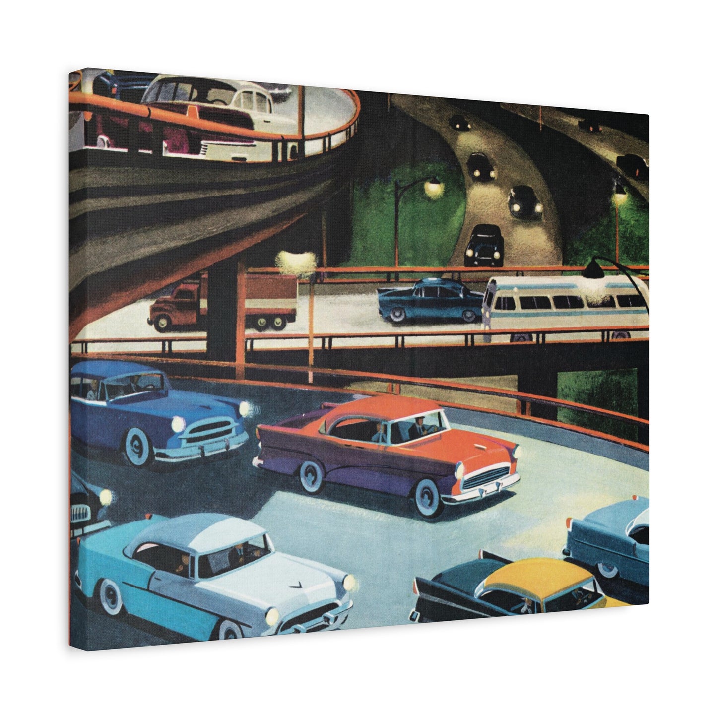 Illustration of a multi-level highway interchange with various vintage cars and a scenic background.