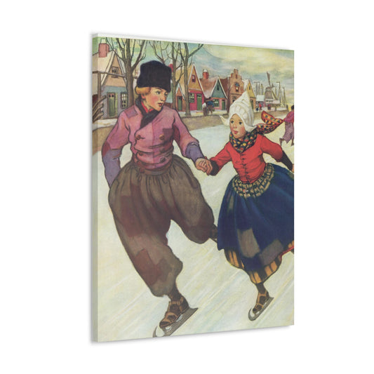 Hans and Gretel Ice Skating Canvas Print - Vintage Dutch Winter Scene Wall Art-CropsyPix