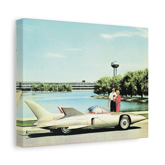 Futuristic concept car with a sleek design in front of a 1950s modernist building and lush greenery.