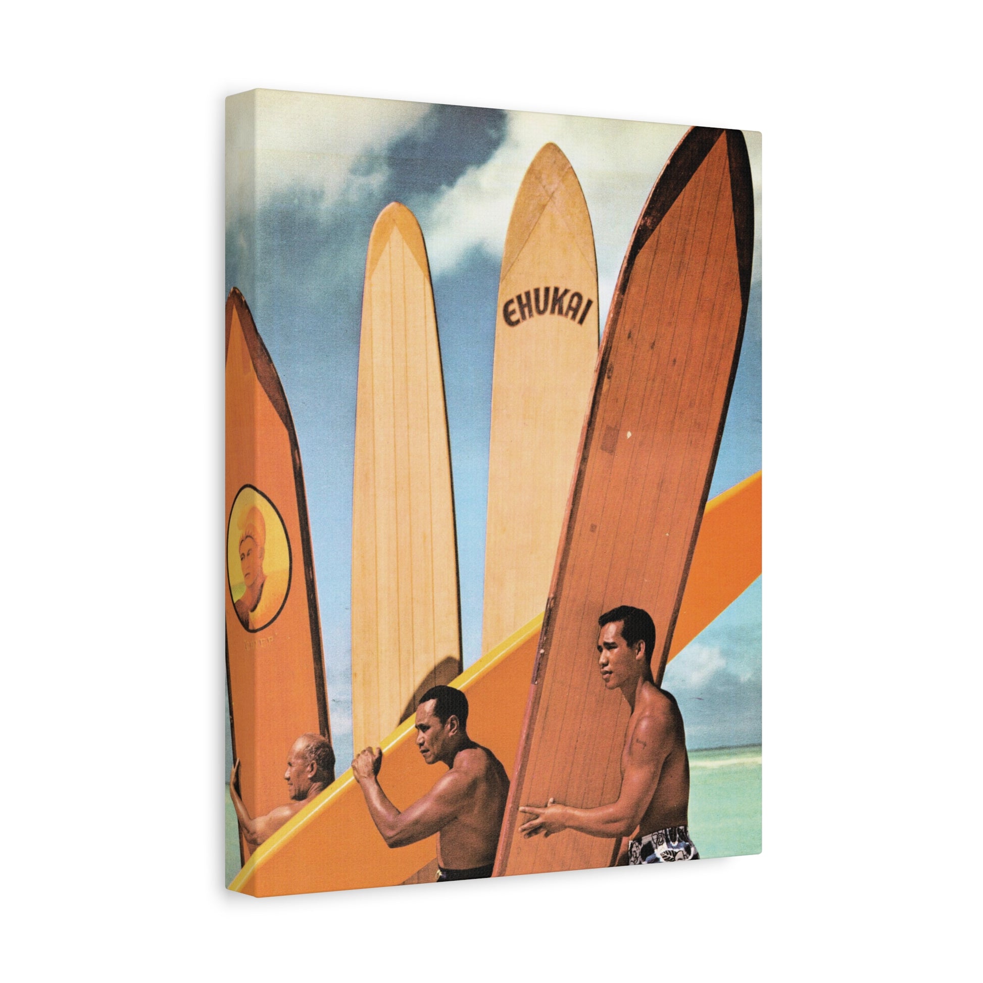 Vintage surfboards with native Hawaiian surfers against a beach and sky backdrop, evoking classic surf culture.