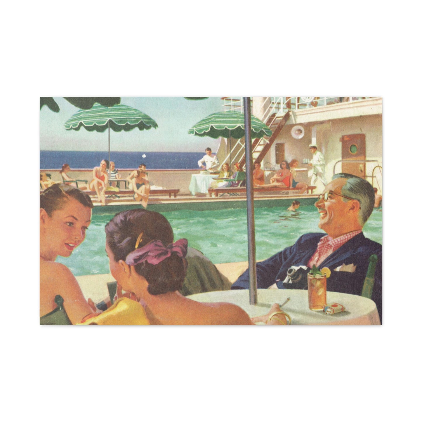 Vintage illustration of people enjoying leisure time on a cruise ship deck with a pool and ocean view.