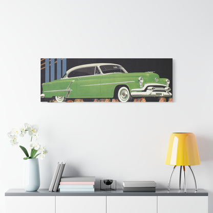 Sleek 1953 Oldsmobile 88 in vibrant green, with chrome details and white wall tires, parked in a picturesque setting