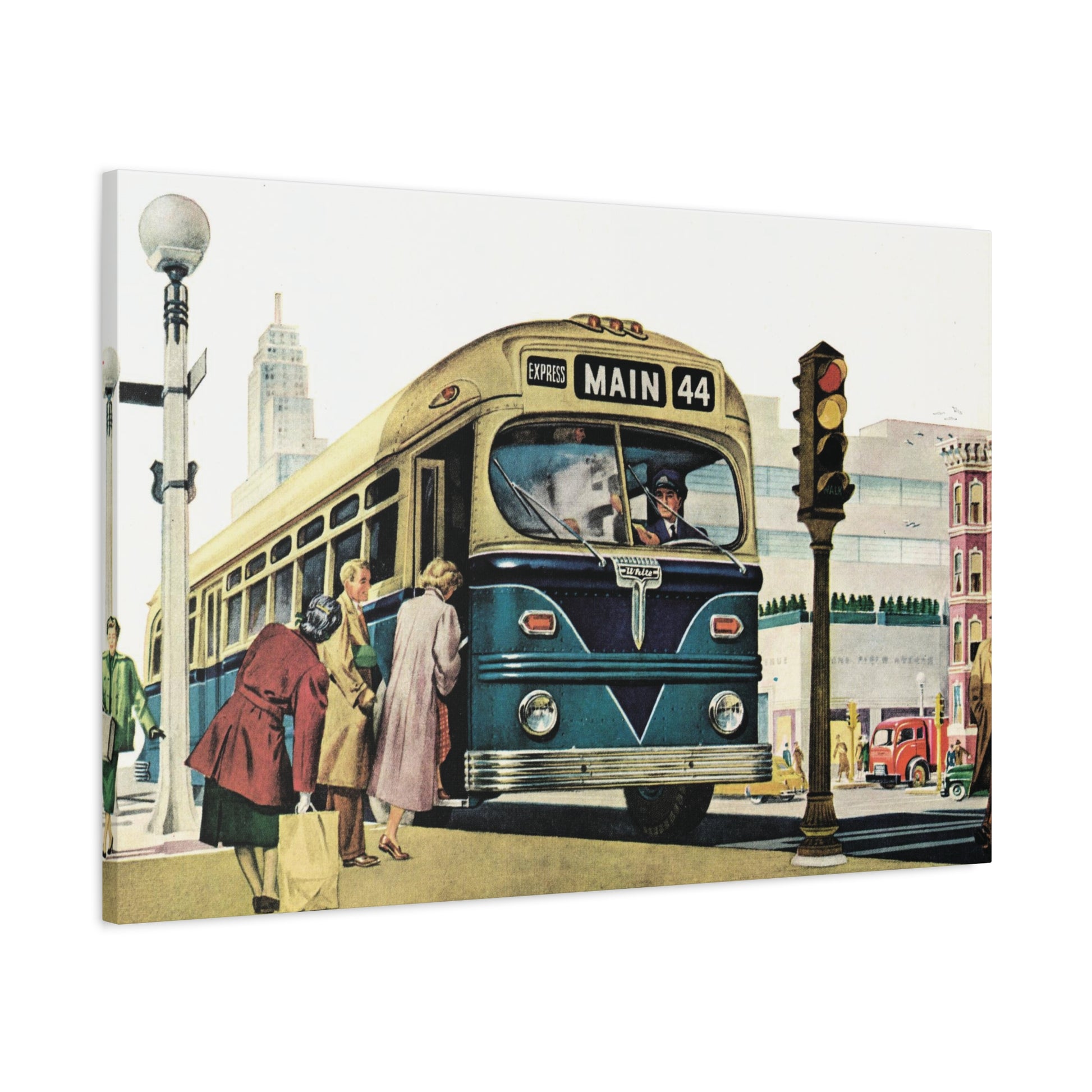 Vintage illustration of a bustling mid-20th-century city scene with pedestrians boarding a 'Main 44 Express' bus, surrounded by period-appropriate architecture, street lights, traffic signal, and a variety of cars in vivid colors.