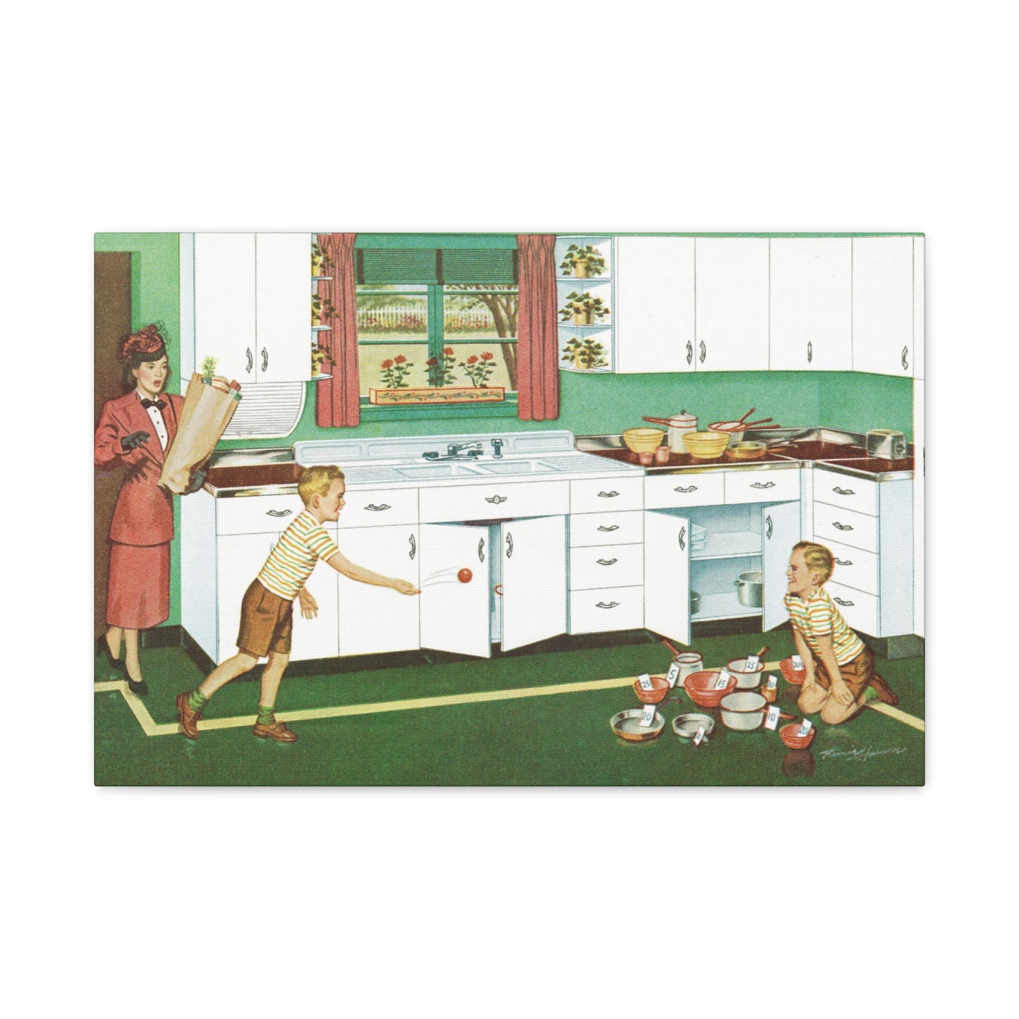 Vintage advertisement canvas of a Youngstown Kitchen with white-enamel steel cabinets, a surprised woman, and children playing.