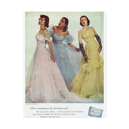 Three elegant women from the 1940s posing in formal gowns with lace and floral details, exuding old Hollywood glamour.