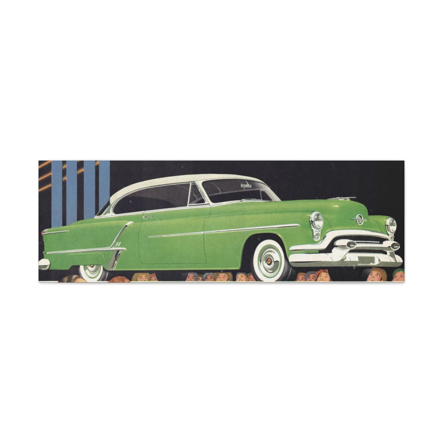 Sleek 1953 Oldsmobile 88 in vibrant green, with chrome details and white wall tires, parked in a picturesque setting