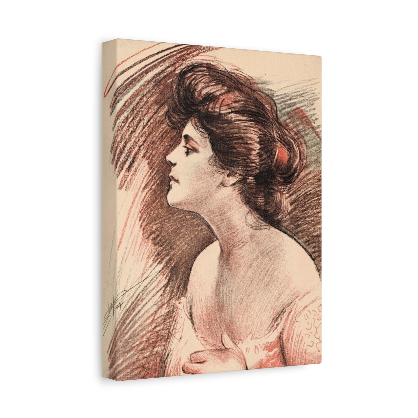 1920s elegant lady profile canvas art, warm red and brown tones, vintage fashion illustration