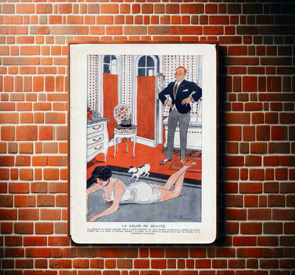 A vintage French poster depicting a physical culture lesson, with a woman exercising on the floor and a man in a suit watching over. The room is adorned with red and white polka dot curtains and a matching chair, and a playful white dog is also present. The scene is captured in an illustration style characteristic of early 20th-century France, and the image is completed with French text explaining the beauty lesson and the artist's signature, F. Fabiano.