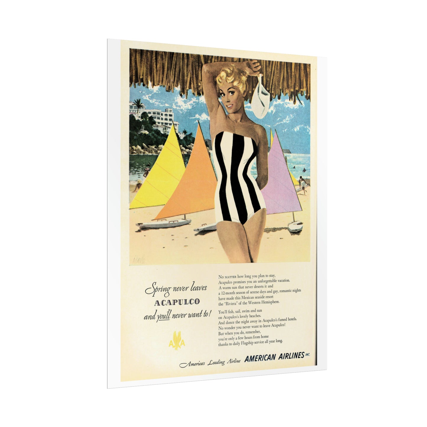 Vintage Acapulco travel poster featuring a smiling woman in a black and white striped swimsuit, colorful sailboats on a blue sea, palm trees, a beach resort in the background, under a clear sky with text promoting Acapulco vacations by American Airlines.