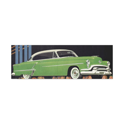 Sleek 1953 Oldsmobile 88 in vibrant green, with chrome details and white wall tires, parked in a picturesque setting