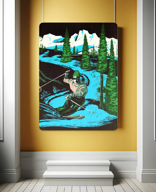 A 1950s inspired illustration of a skier in motion, skillfully descending a snowy mountain slope surrounded by tall pine trees, with snow-capped peaks in the background, rendered in a vintage graphic art style with a palette of blues, greens, and whites.