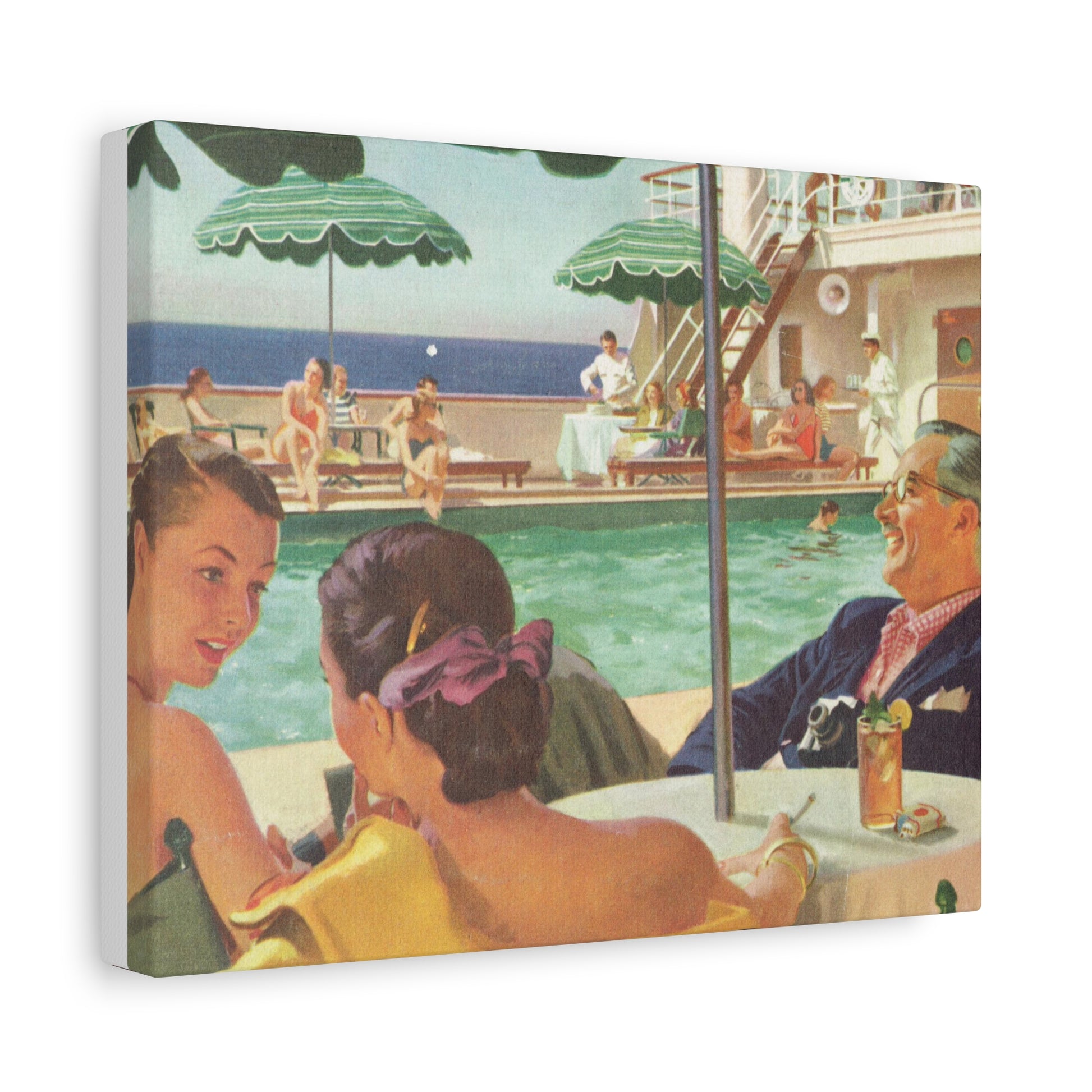 Vintage illustration of people enjoying leisure time on a cruise ship deck with a pool and ocean view.