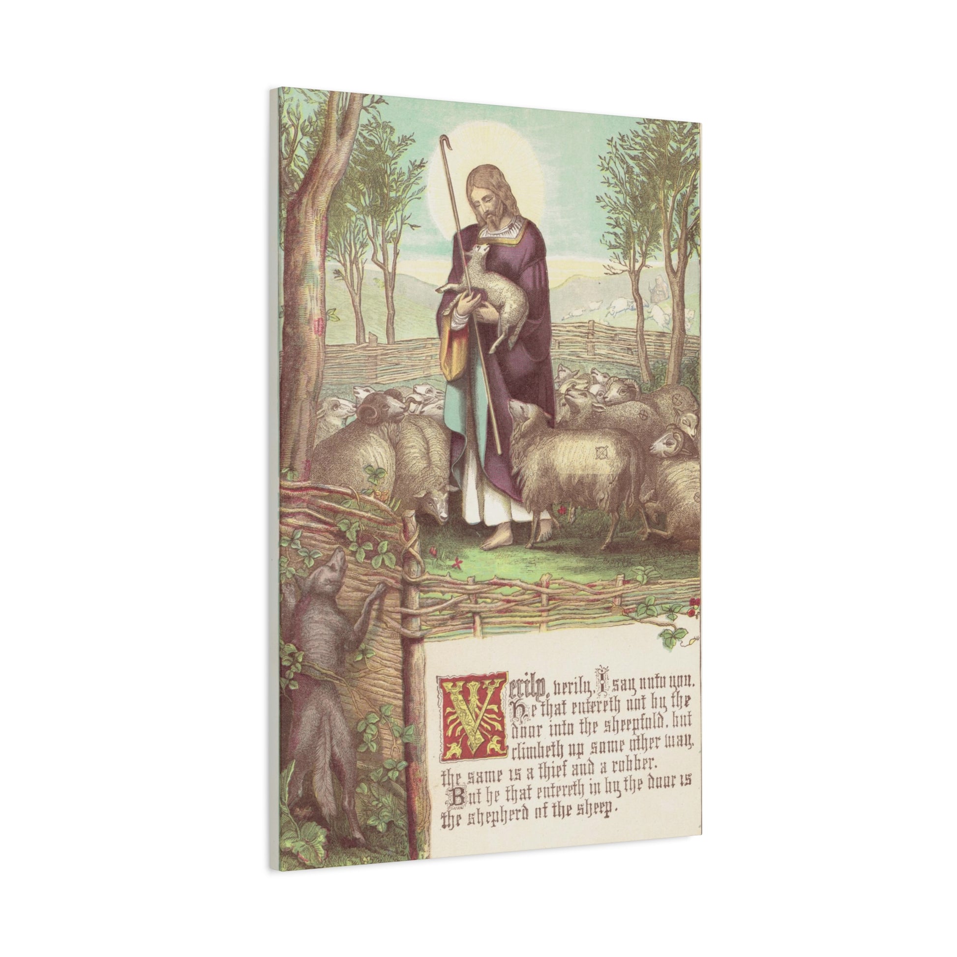 Image of Jesus Christ as the Good Shepherd in robes, holding a lamb, with a flock of sheep in a pastoral setting.