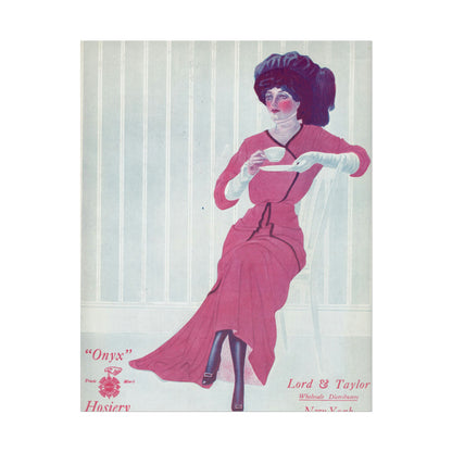 1940s Onyx Hosiery advertisement poster by Lord & Taylor, lady in red dress with tea, vintage fashion art.