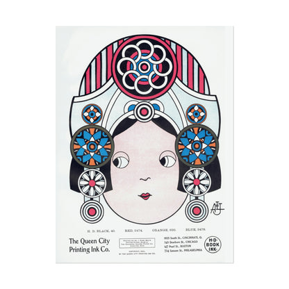 1920 Queen City Printing Ink - Art Nouveau Inspired Stylized Woman Portrait with Geometric Design Vintage Ad Poster Print-CropsyPix