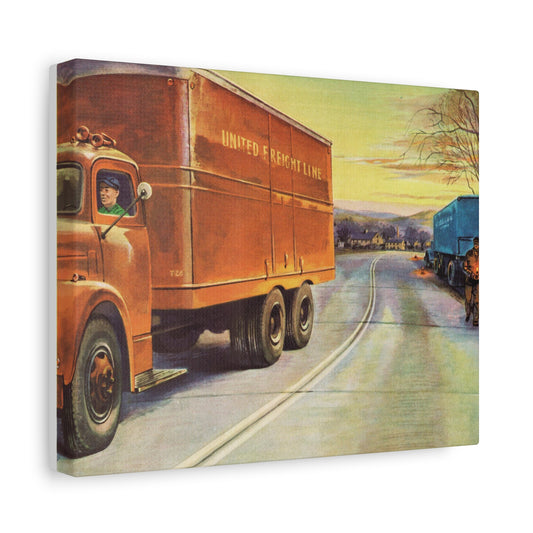 Vintage orange United Freight Line truck on a country road at sunrise, with a blue truck and driver in the background.