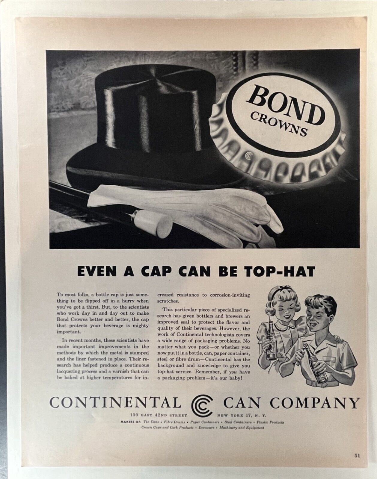 1950s Continental Can Company Vintage Ad - Bond Crowns - Classic Packaging 10x13