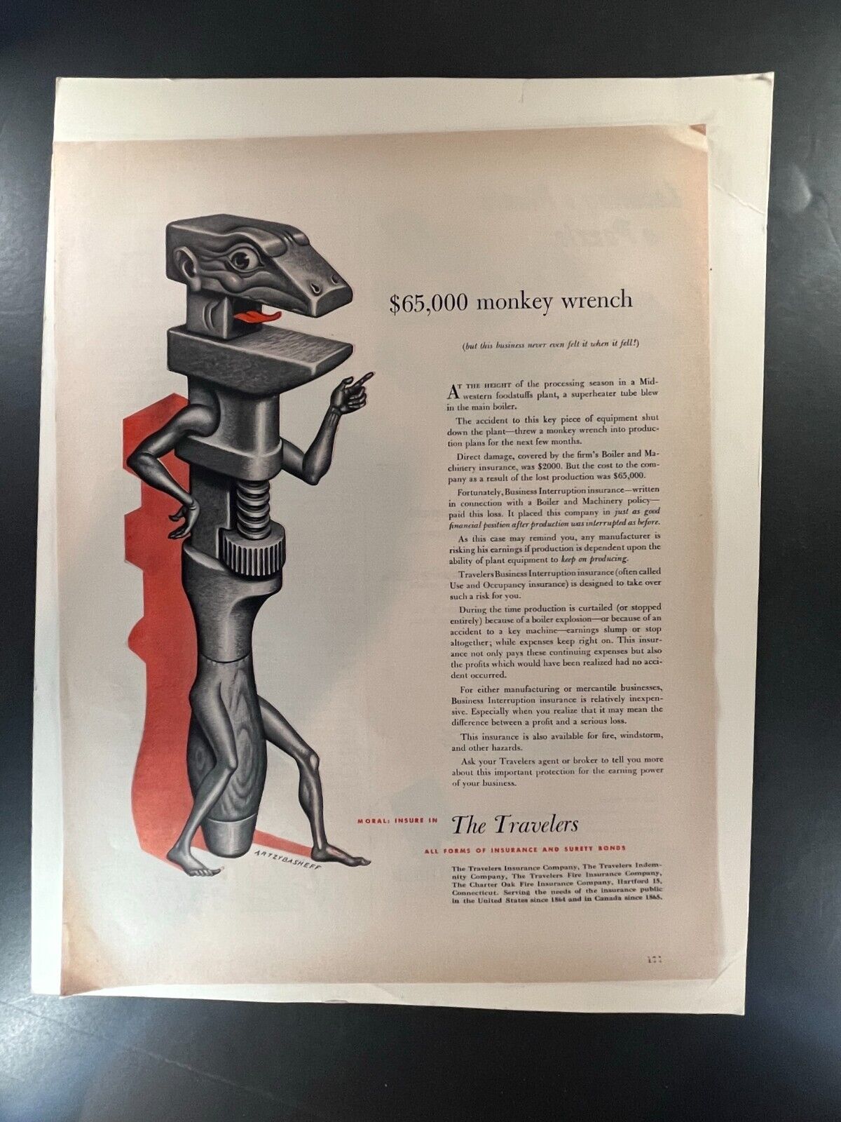 1950s The Travelers Insurance Ad - $65,000 Monkey Wrench - Vintage 10x13