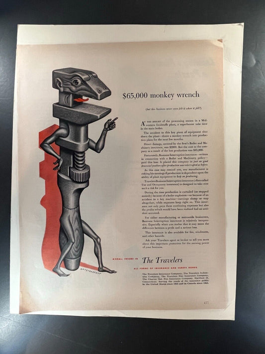 1950s The Travelers Insurance Ad - $65,000 Monkey Wrench - Vintage 10x13