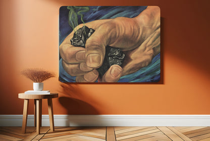 Illustration of a powerful hand holding lumps of coal against a blue and black background, symbolizing human industrial effort.