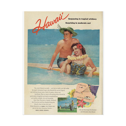 A 1950s Hawaiian travel poster with a smiling couple in swim attire, tropical beach backdrop, and a map of flight routes to Hawaii.