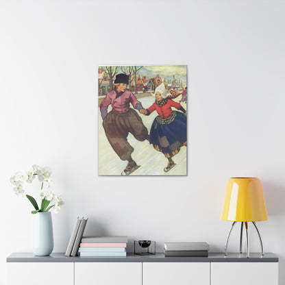 Hans and Gretel Ice Skating Canvas Print - Vintage Dutch Winter Scene Wall Art-CropsyPix