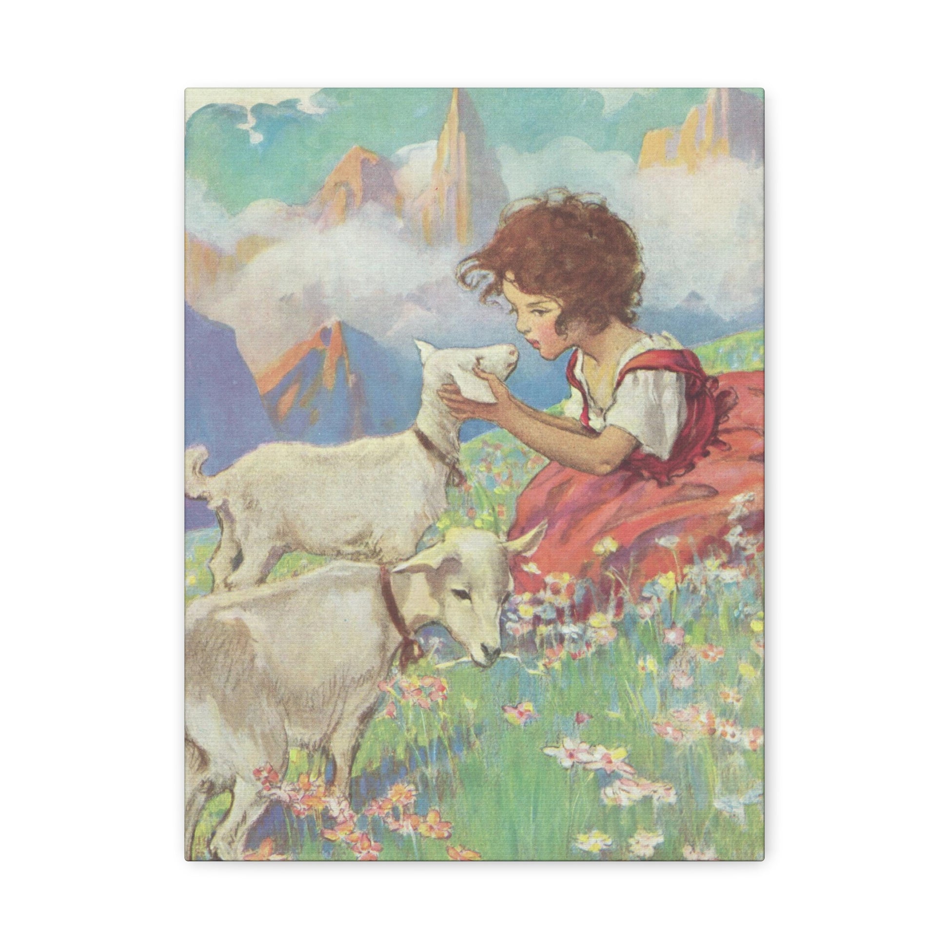 Vintage 1904 "Heidi and Friends" Canvas Print, Pastoral Alpine Scene with Child and Goats-CropsyPix