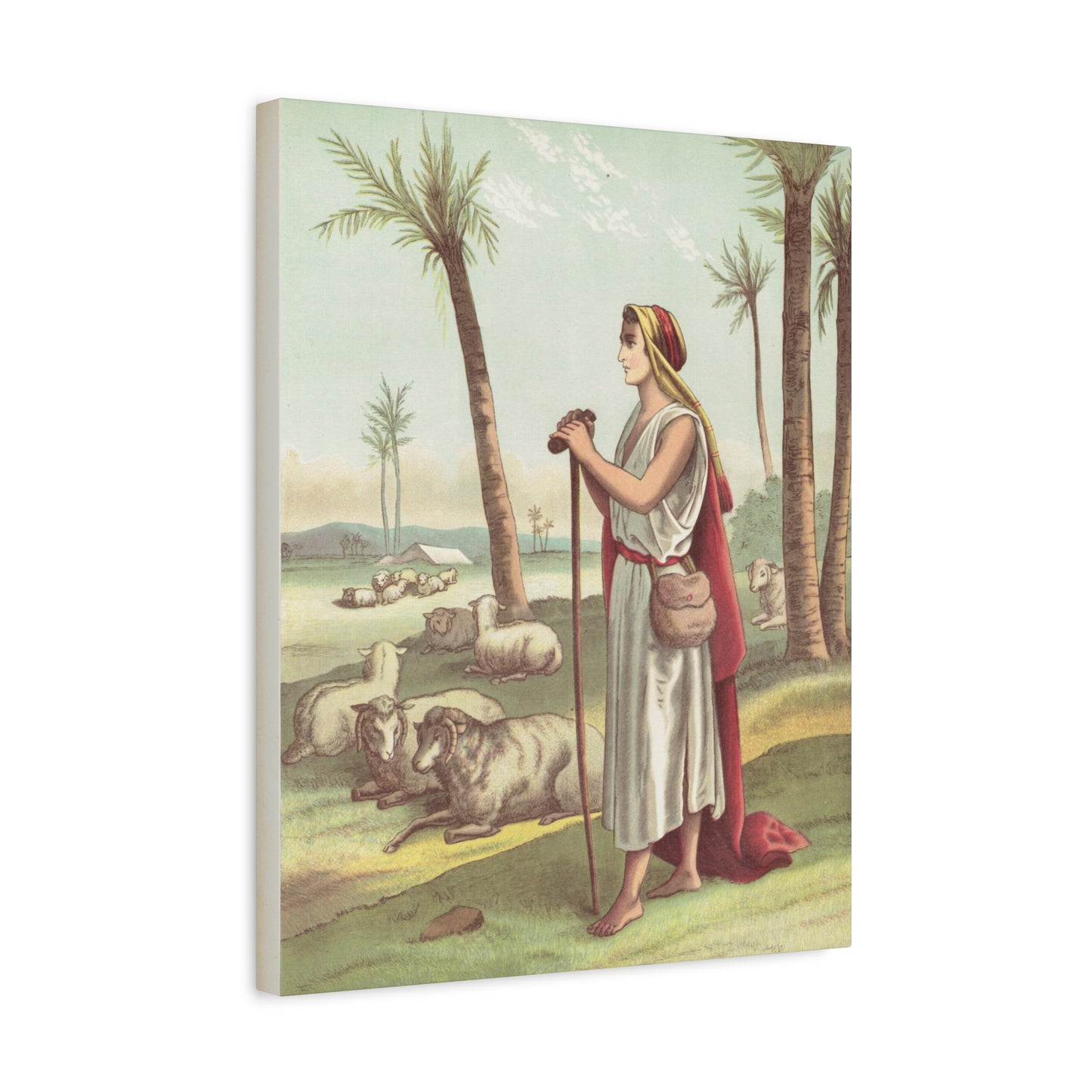 A classic 1885 artwork depicting young David as a shepherd, with a serene expression, caring for his sheep in a peaceful pasture setting, symbolic of his future as a king of Israel.