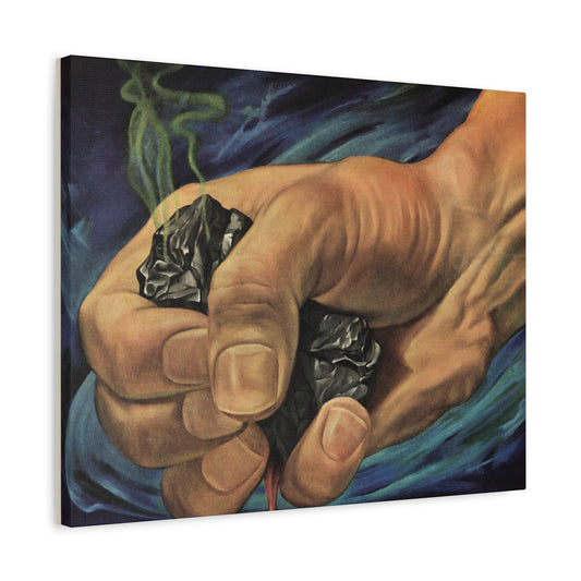 Illustration of a powerful hand holding lumps of coal against a blue and black background, symbolizing human industrial effort.