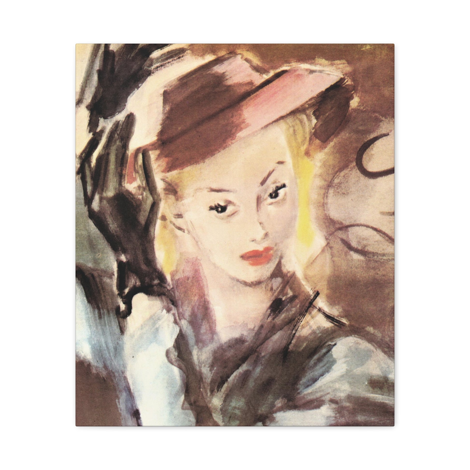 A 1946 vintage expressionistic painting of a thoughtful woman in a stylish hat, with soft pastel colors and abstract background.