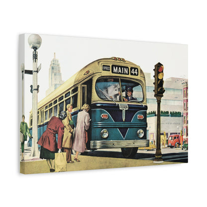 Vintage illustration of a bustling mid-20th-century city scene with pedestrians boarding a 'Main 44 Express' bus, surrounded by period-appropriate architecture, street lights, traffic signal, and a variety of cars in vivid colors.