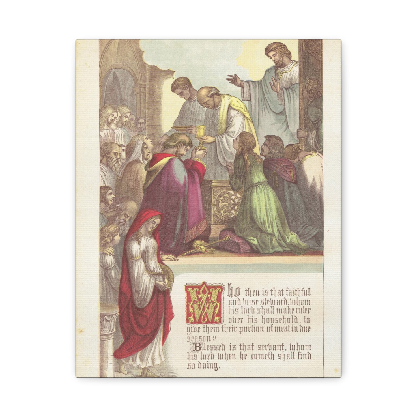 An 1885 religious illustration depicting a scene of a group of people, dressed in traditional biblical attire, witnessing a male figure gesturing towards a fiery altar, representing the biblical parable of the faithful and wise steward.