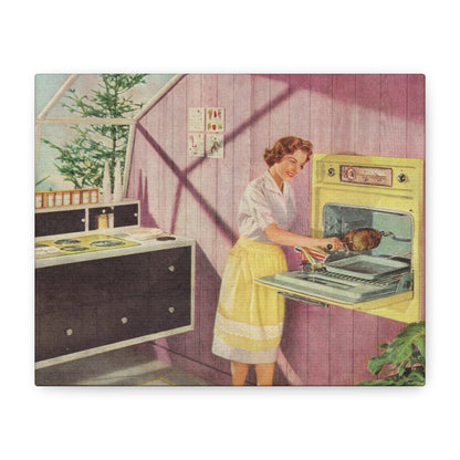 Woman in a 1950s kitchen removing roast from a vintage yellow oven.