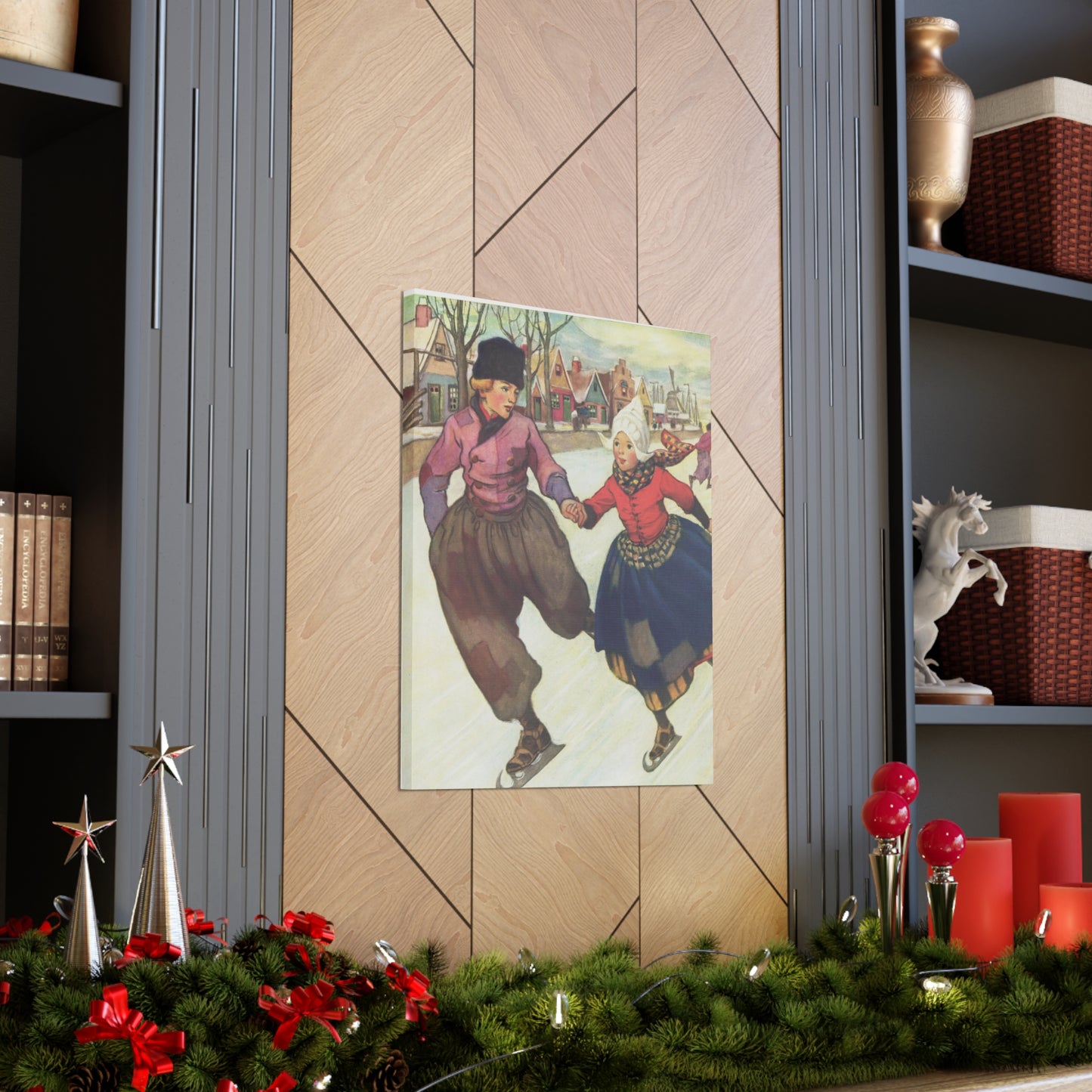 Hans and Gretel Ice Skating Canvas Print - Vintage Dutch Winter Scene Wall Art-CropsyPix