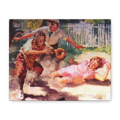 A 1931 illustration of children playing baseball with a boy in a catcher's mask and another boy pitching in a suburban yard.