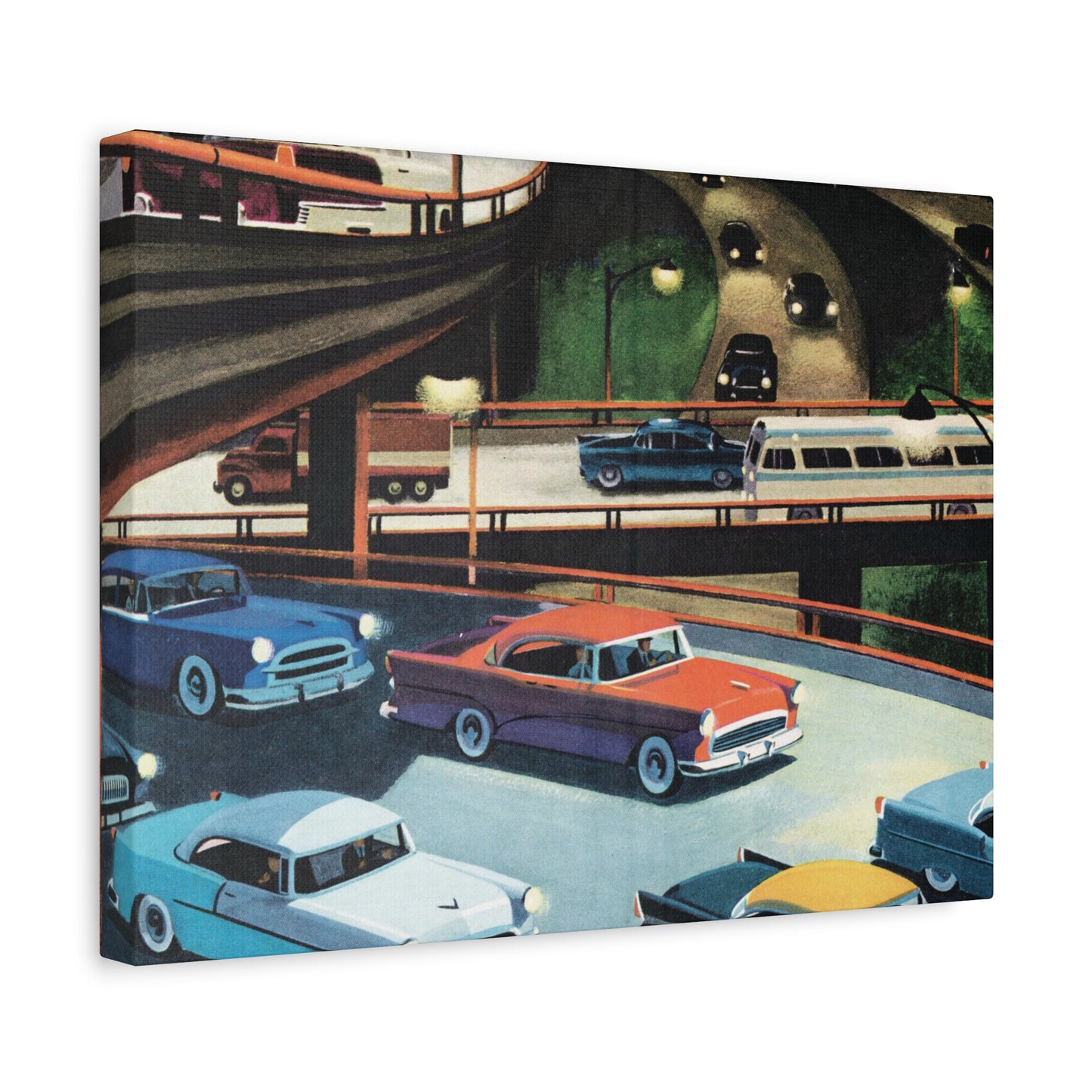 Illustration of a multi-level highway interchange with various vintage cars and a scenic background.