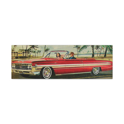  Panoramic view of a red vintage convertible car driving along a coastal road lined with palm trees.