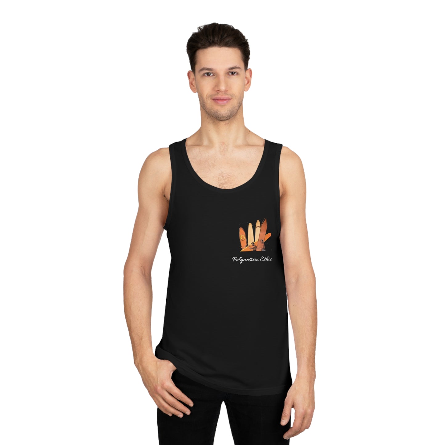 "Polynesian Ethic" Vintage Longboard Surf Tank Top - Unisex Softstyle in Black, Grey, White