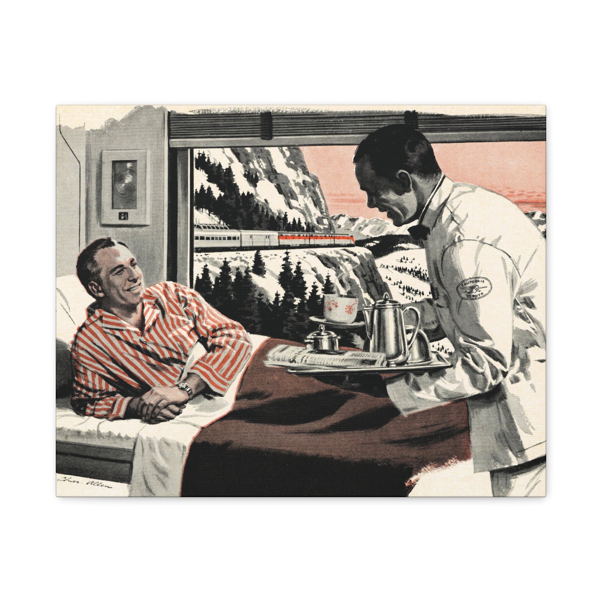 Vintage illustration of a man in a train cabin speaking with a waiter with mountains visible through the window.