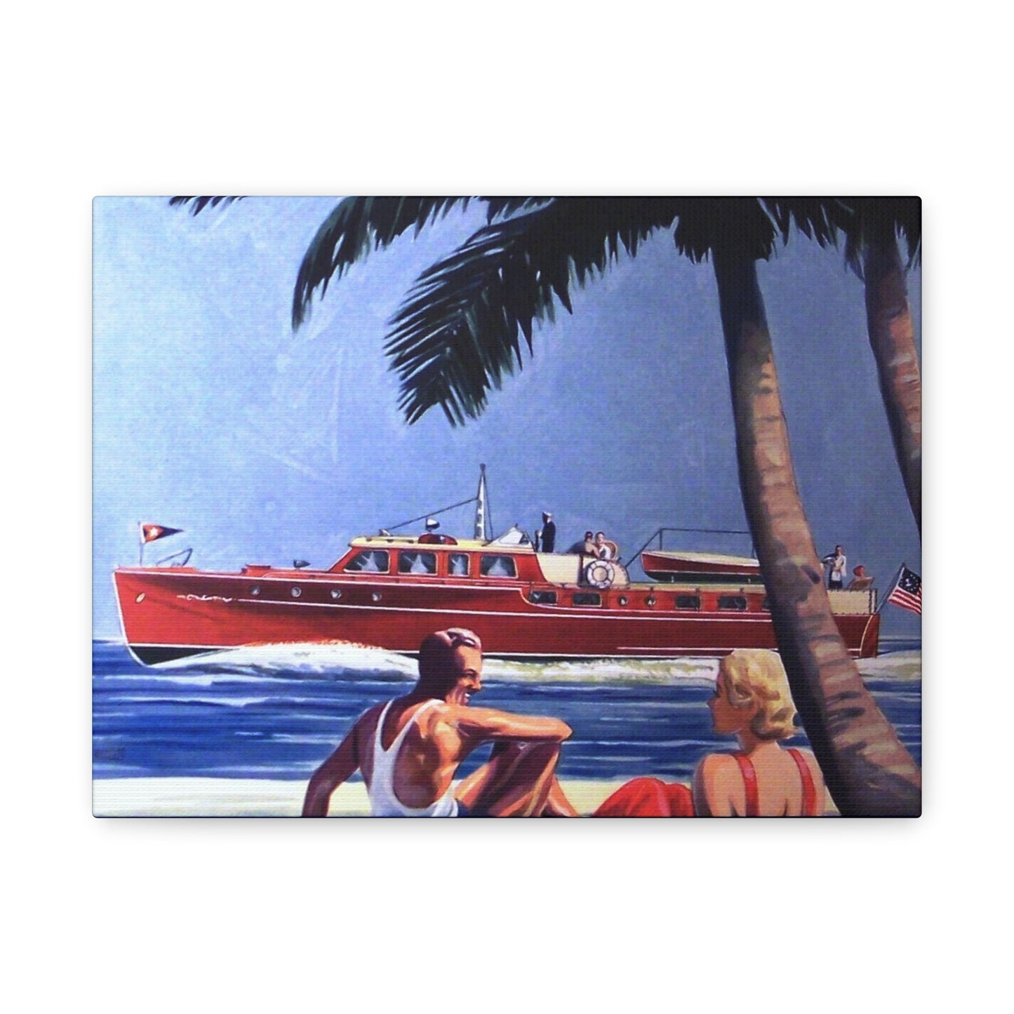  Illustration of an elegant red yacht passing by a tropical beach