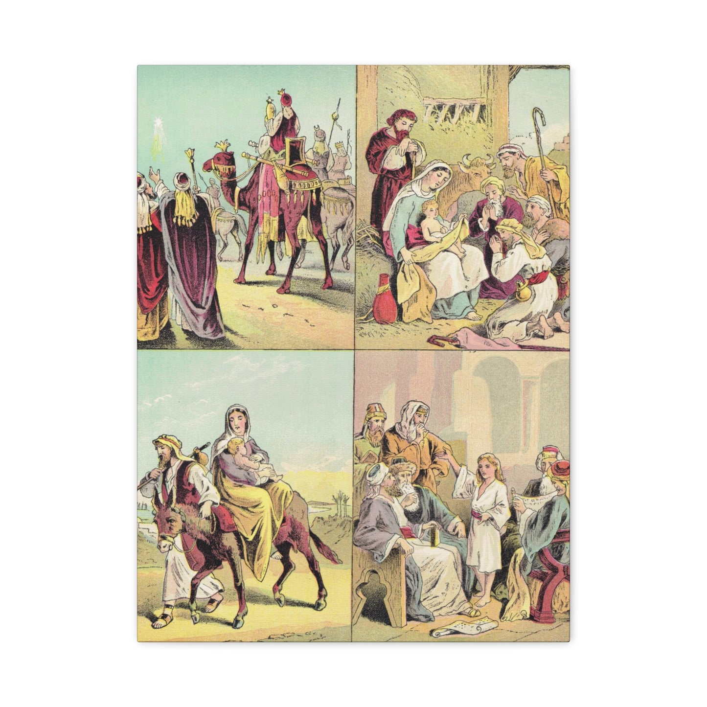 Composite of illustrations showing the Nativity, the visit of the Magi, the shepherds' adoration, and the Holy Family's flight into Egypt.
