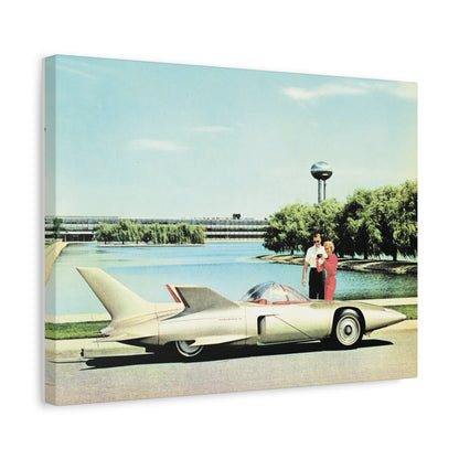 Futuristic concept car with a sleek design in front of a 1950s modernist building and lush greenery.