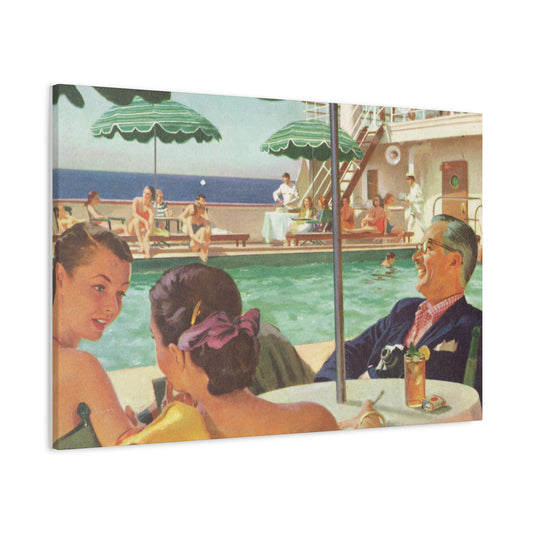 Vintage illustration of people enjoying leisure time on a cruise ship deck with a pool and ocean view.