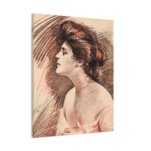 1920s elegant lady profile canvas art, warm red and brown tones, vintage fashion illustration