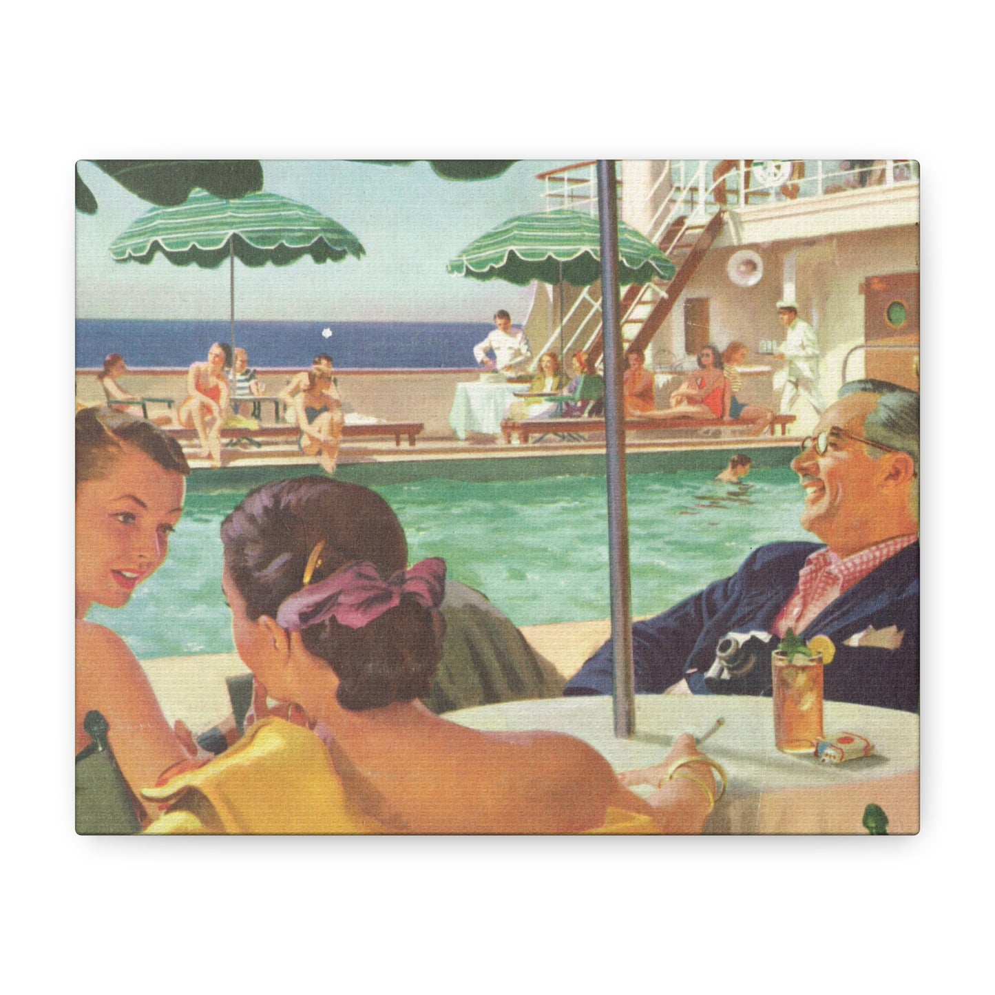 Vintage illustration of people enjoying leisure time on a cruise ship deck with a pool and ocean view.