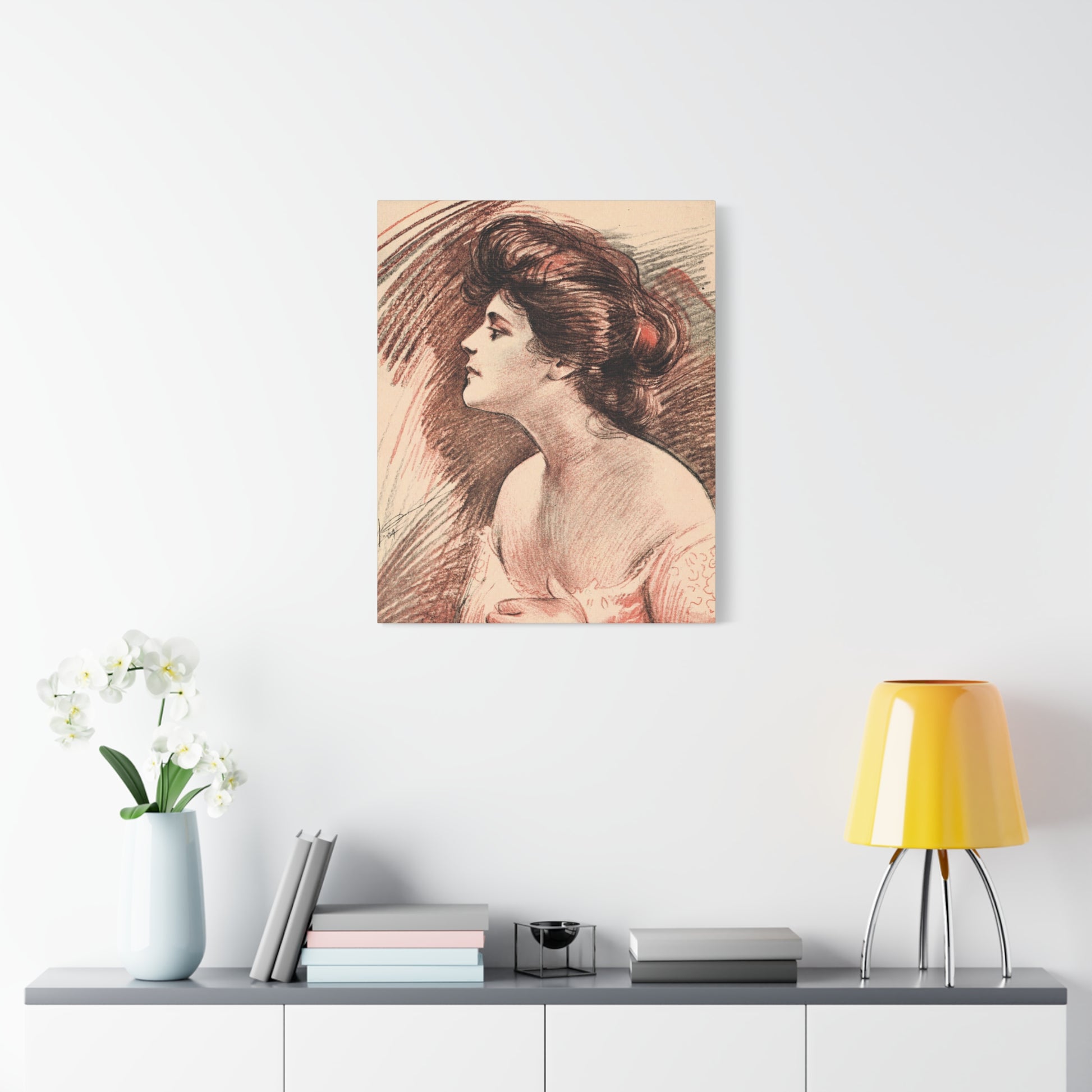 1920s elegant lady profile canvas art, warm red and brown tones, vintage fashion illustration